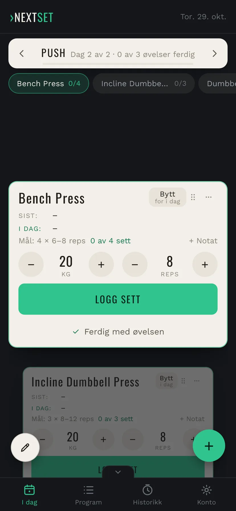 NextSet I DAG viser det nye programmet: Push med Bench Press, mål 4 ganger 6 til 8 reps, og knappen Logg sett