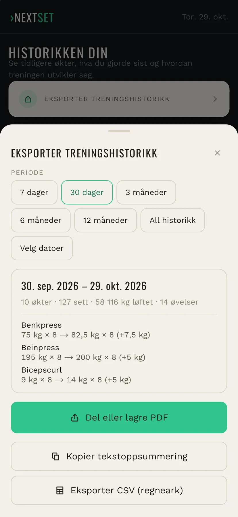 Eksport av treningshistorikk i NextSet: velg periode og del PDF, kopier tekst eller eksporter CSV