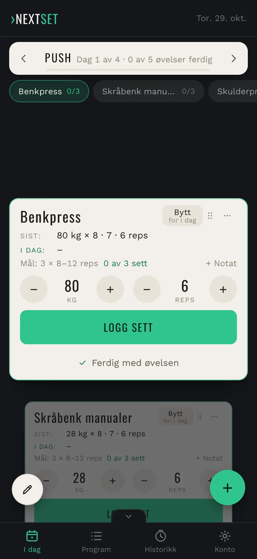 NextSet I DAG: dagens økt Push, øvelsen Benkpress med forrige økt, mål og knappen Logg sett